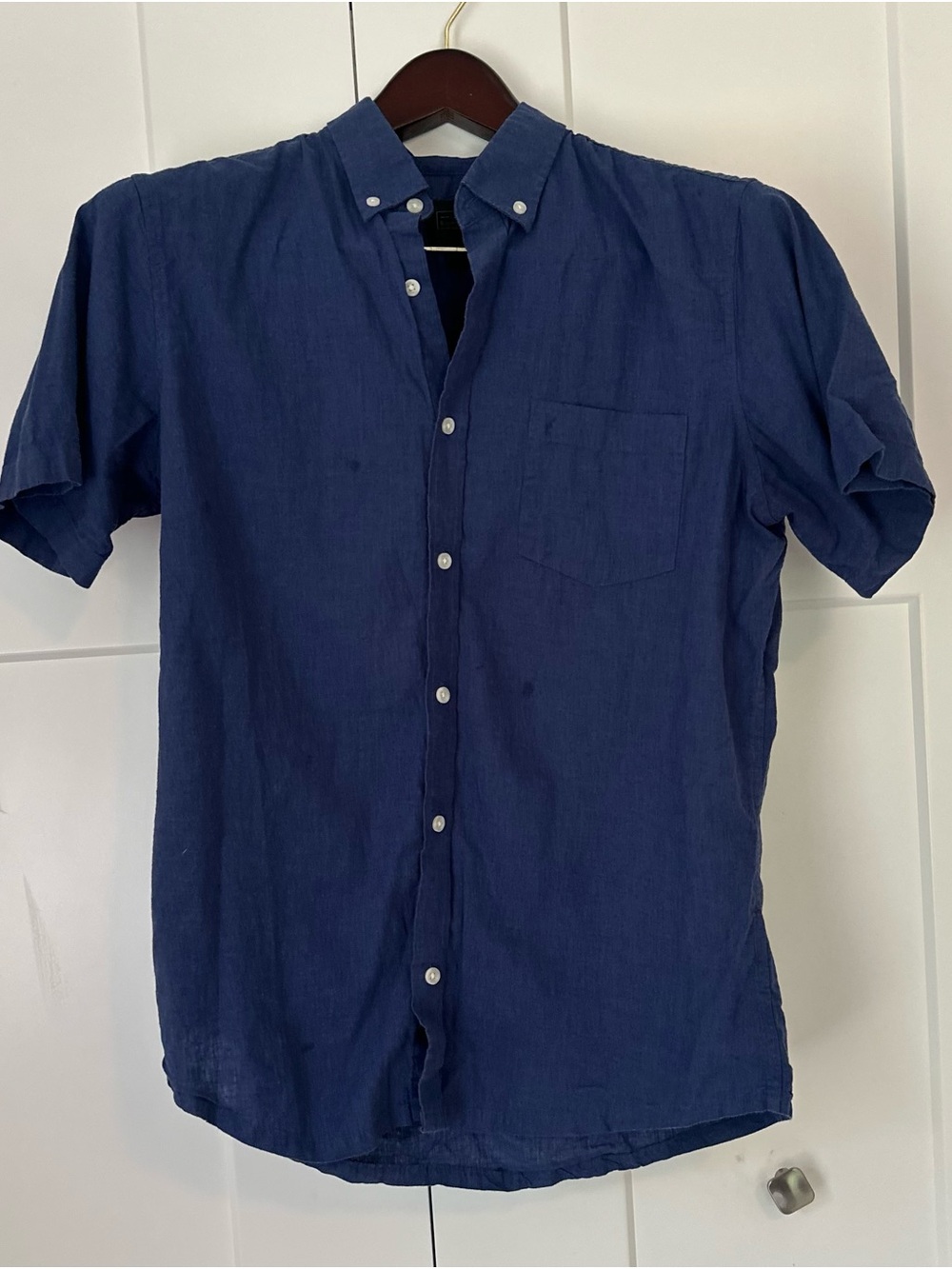 Men's Navy Linen Blend Short-Sleeve Button-Down Shirt